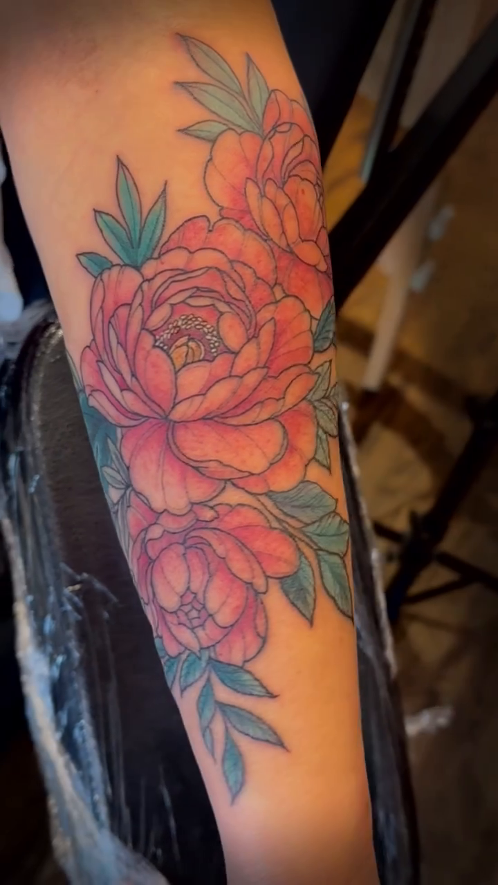 Peony flowers neo-traditional tattoo on the forearm by 🦎Langley Osborn Tattoos🦎, Maryville, Tennessee