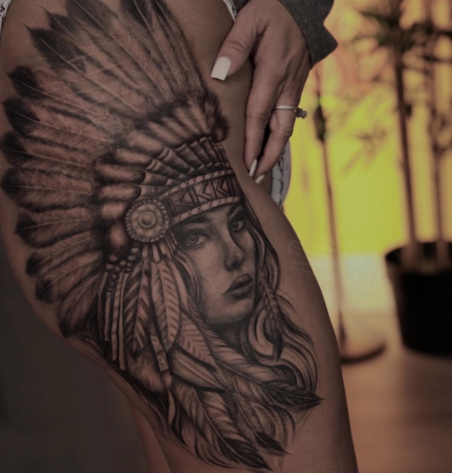 Indian headdress realism tattoo on the thigh by ✧ Maria ✧