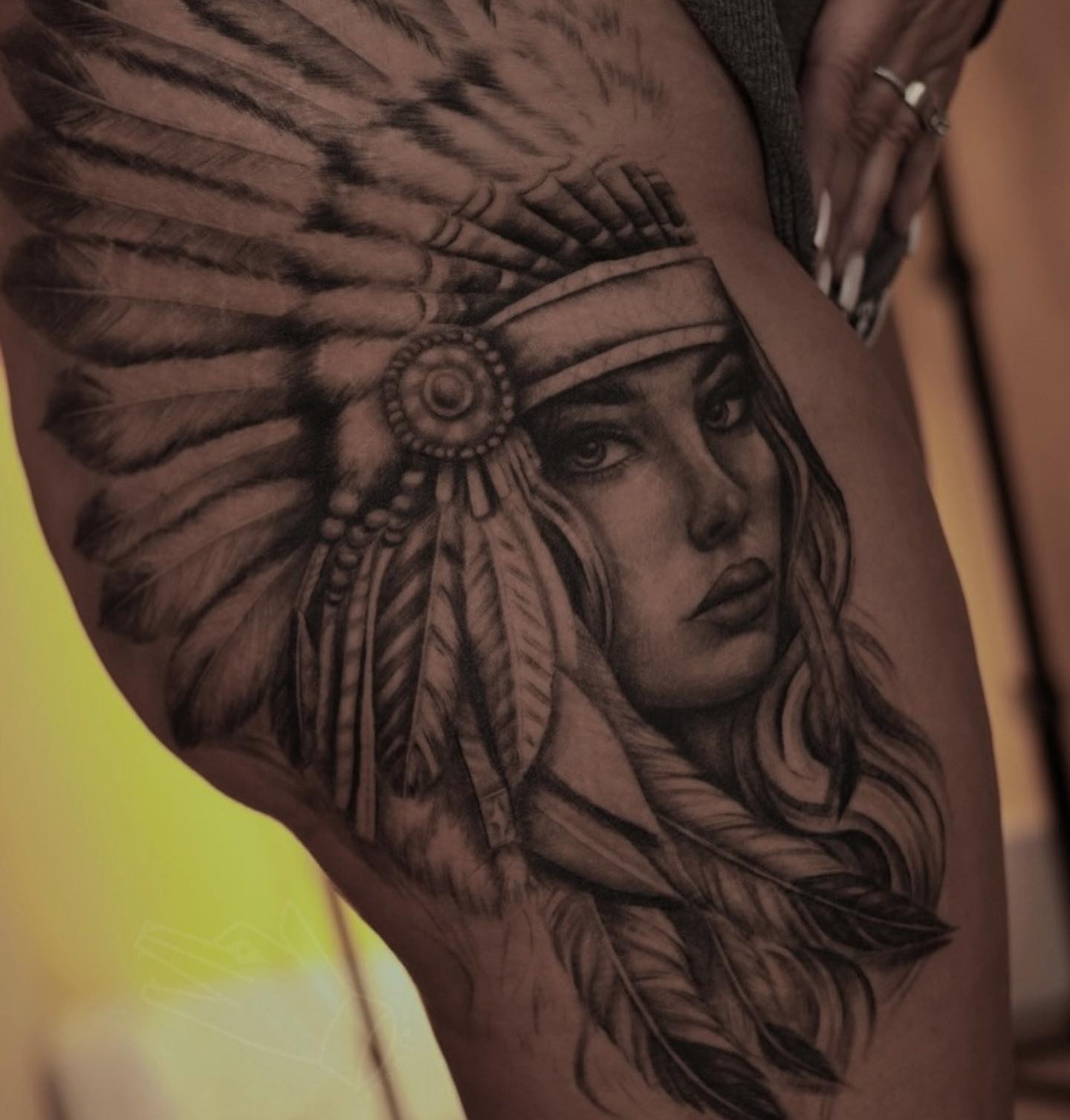 Indian headdress realism tattoo on the thigh by ✧ Maria ✧