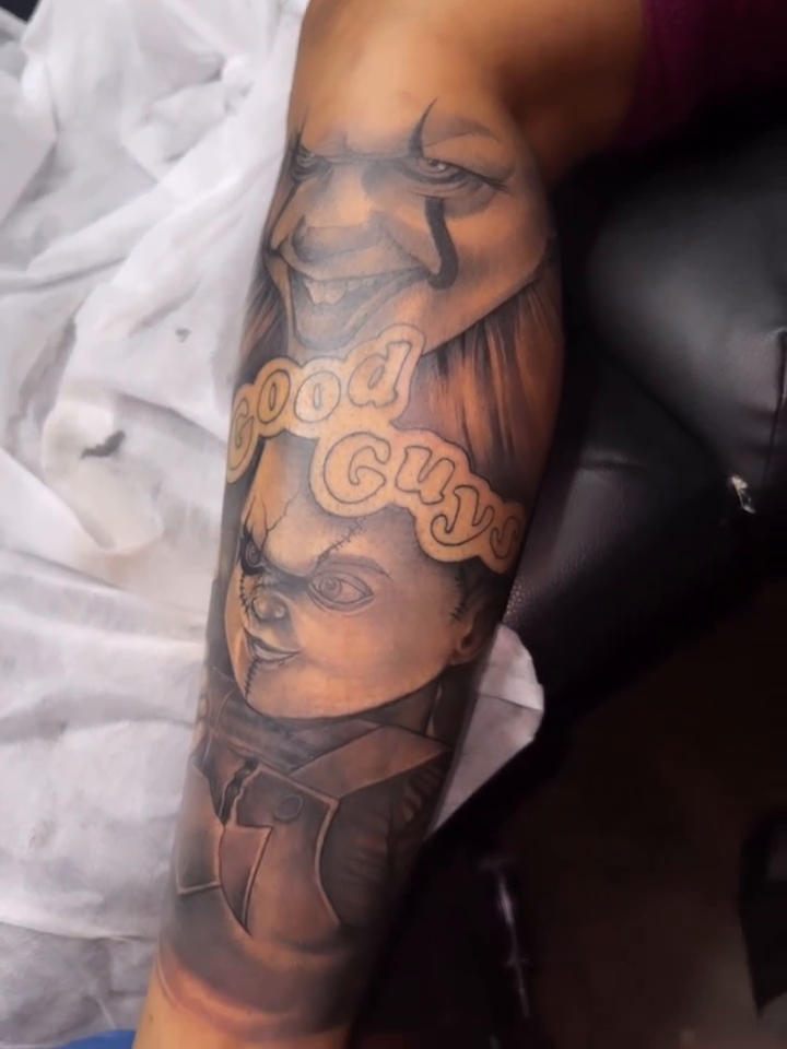 Horror movie characters dark realism tattoo by Anwon Johnson