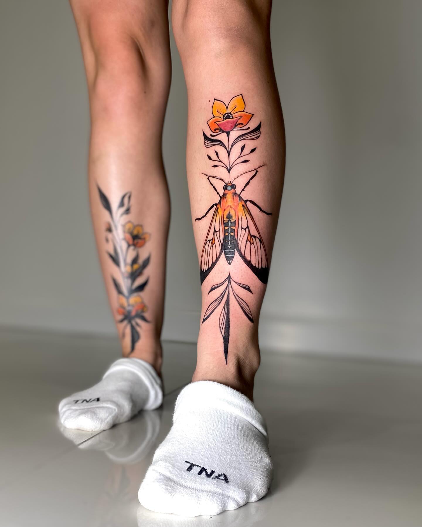 Insect and flower new school tattoo on the calf by Hailey K - Arizona Tattoo Artist, Miami, Florida