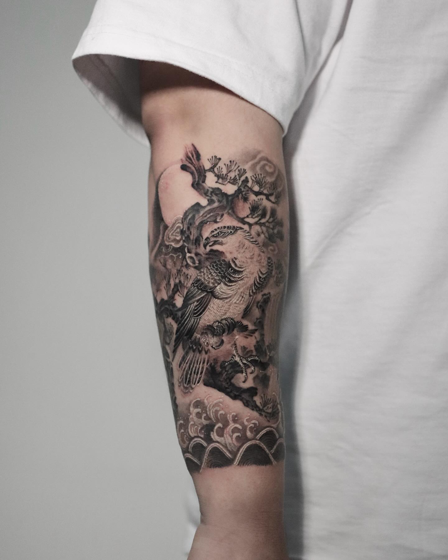 Bird and cherry blossoms japanese irezumi tattoo on the forearm by 𝐆𝐑𝐄𝐄𝐃