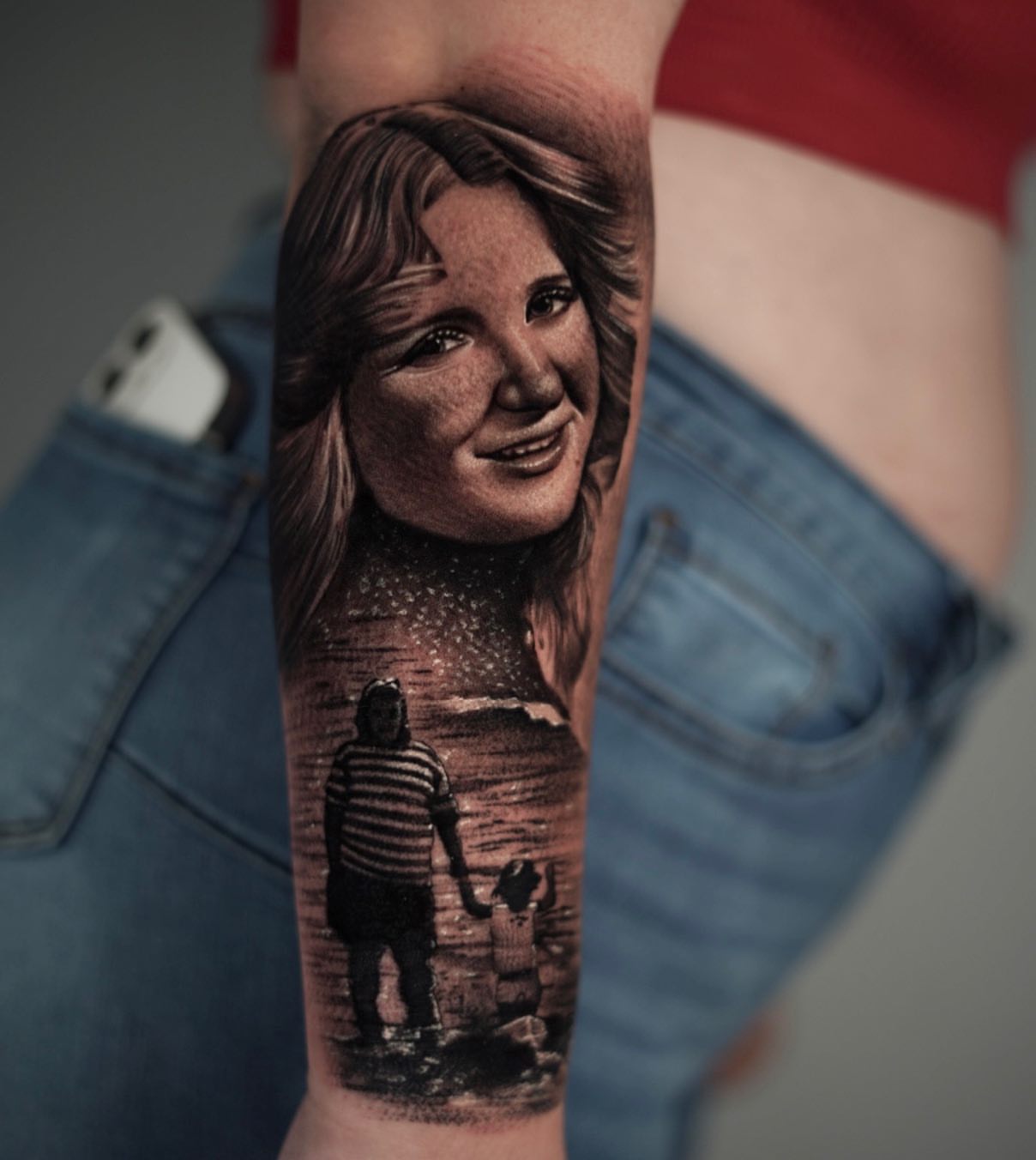 Portrait realism tattoo on the forearm by DREW ROMERO - Colorado Tattoo Artist, Pueblo, Colorado