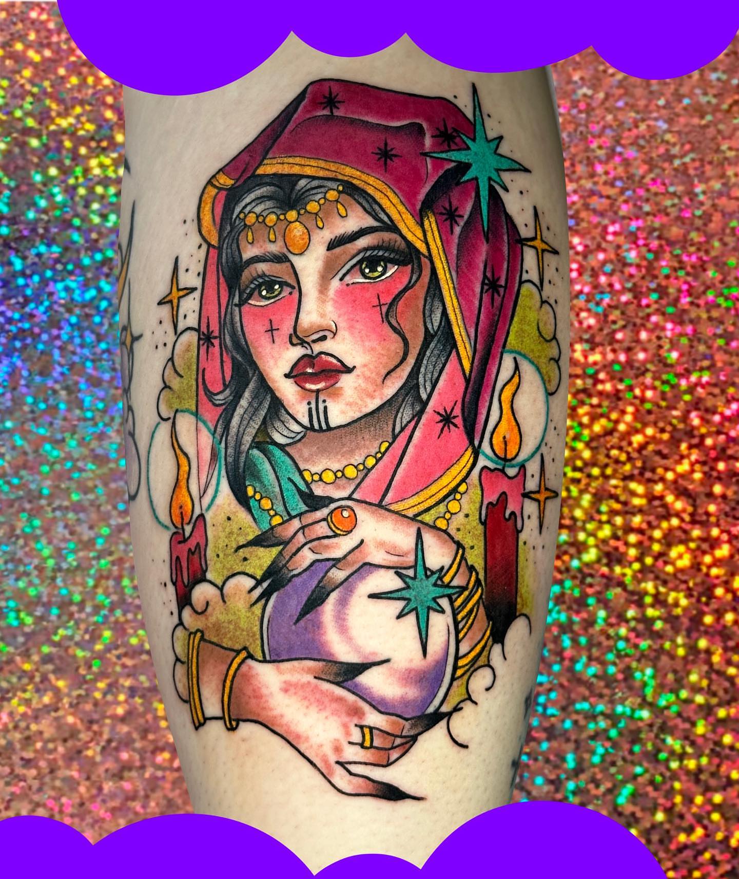 Fortune teller American traditional tattoo on the forearm by Chelsea Lane