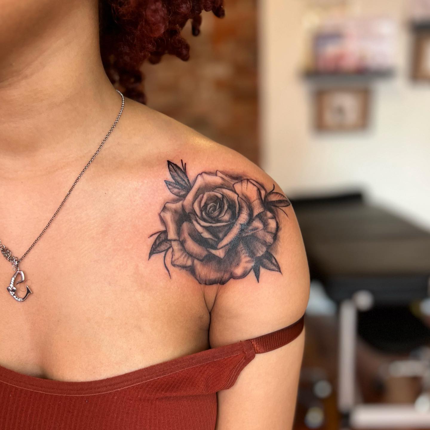 Rose black and grey tattoo on the shoulder by Asia Rene Tattoos👑