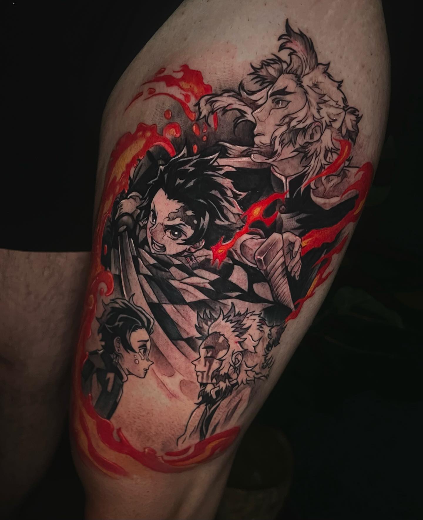 Anime characters anime tattoo on the thigh by emi