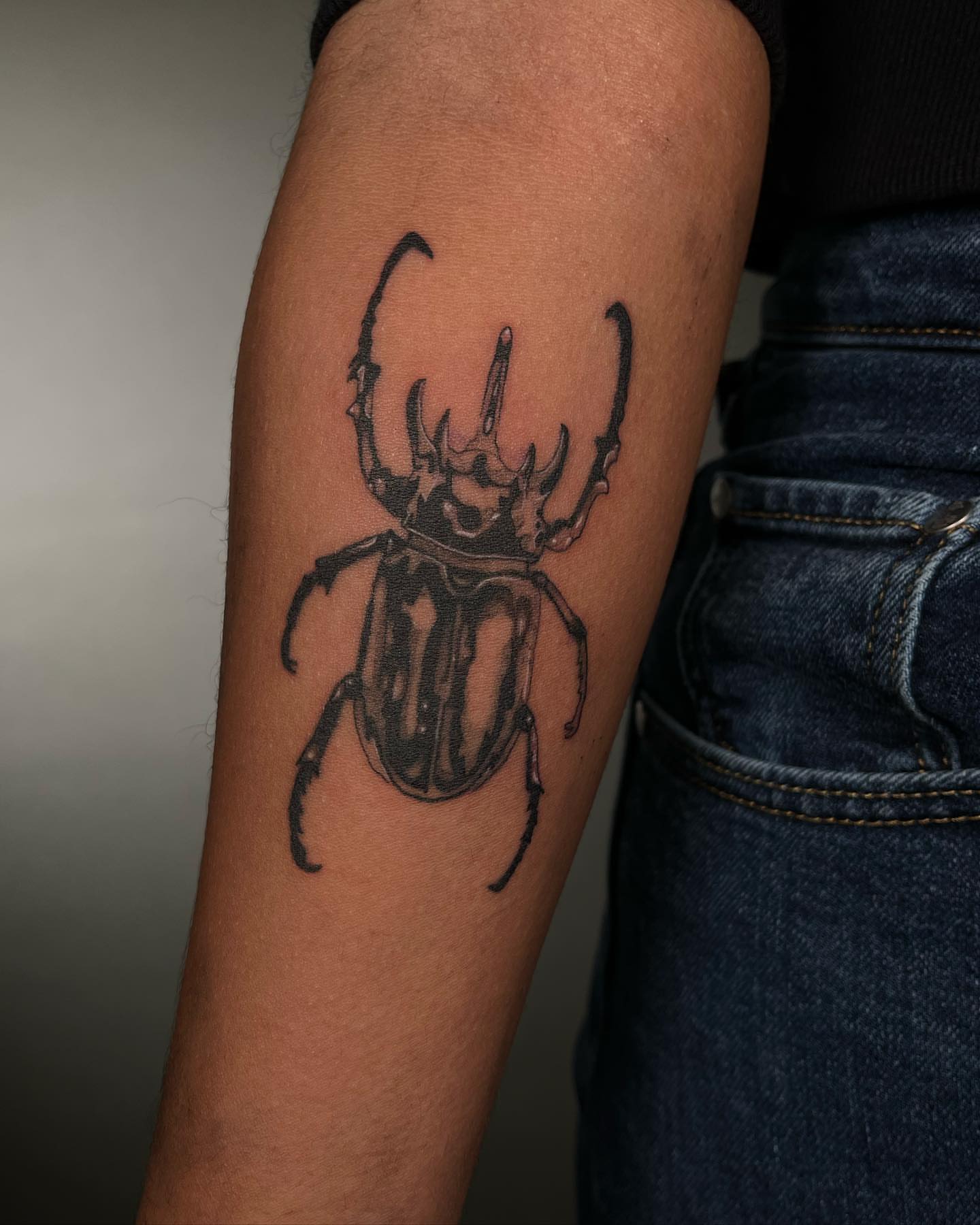 Rhinoceros beetle realism tattoo on the forearm by Anthony “Jiinky” Quintanilla 🧸☁️