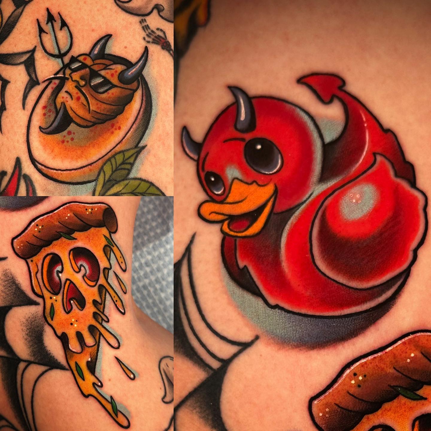 Pizza slice American traditional tattoo on the upper arm by B.G. Germershausen