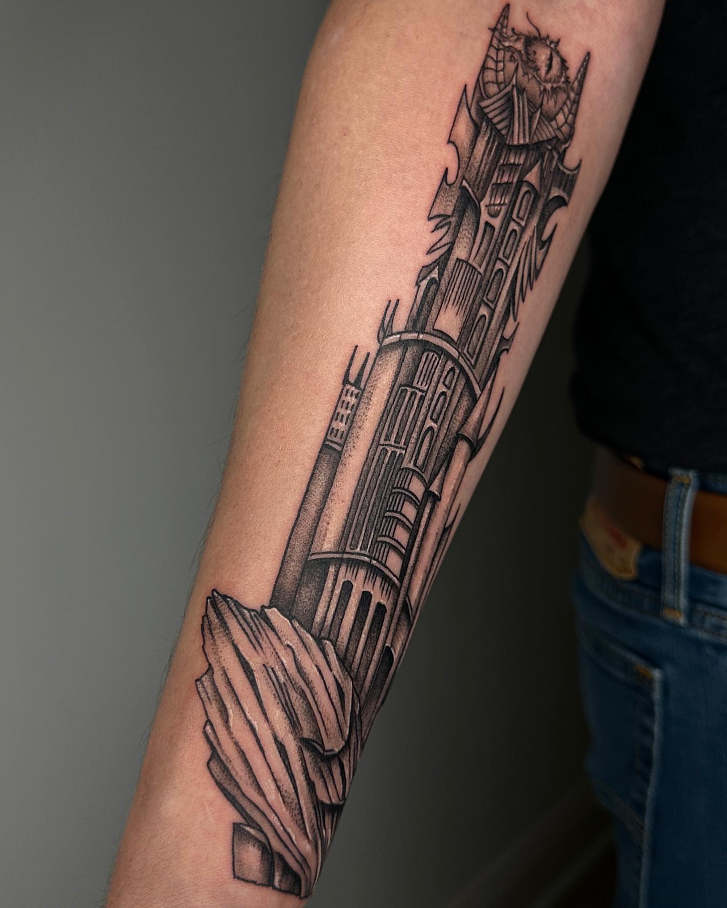 Castle tower black and grey tattoo on the forearm by A L e X