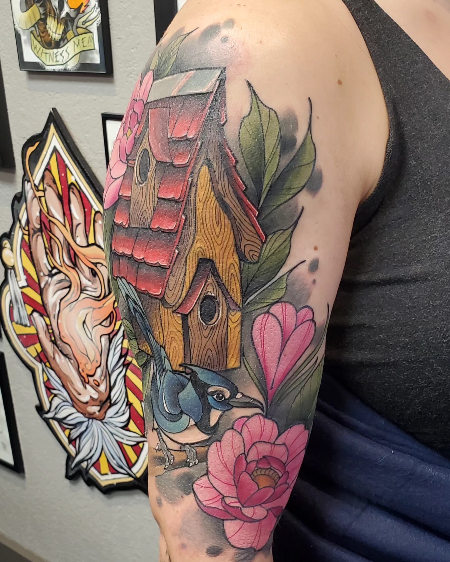 Birdhouse and flowers American traditional tattoo on the shoulder by Brian Savage, Gilbert, Arizona