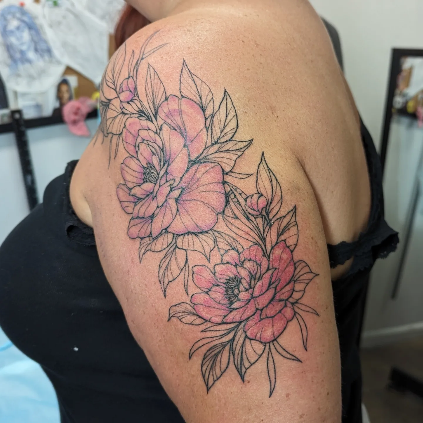 Peony flowers black and grey tattoo on the shoulder by Lorelei