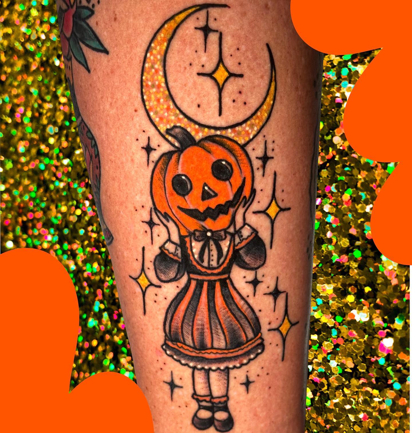 Pumpkin girl American traditional tattoo on the leg by Chelsea Lane