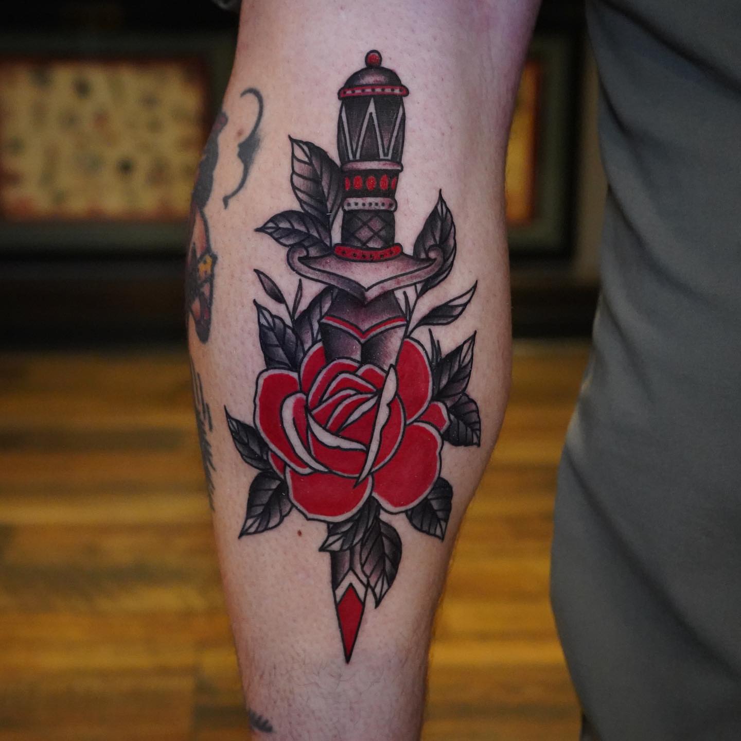 Rose and dagger American traditional tattoo on the forearm by all gas no brakes! no days off!