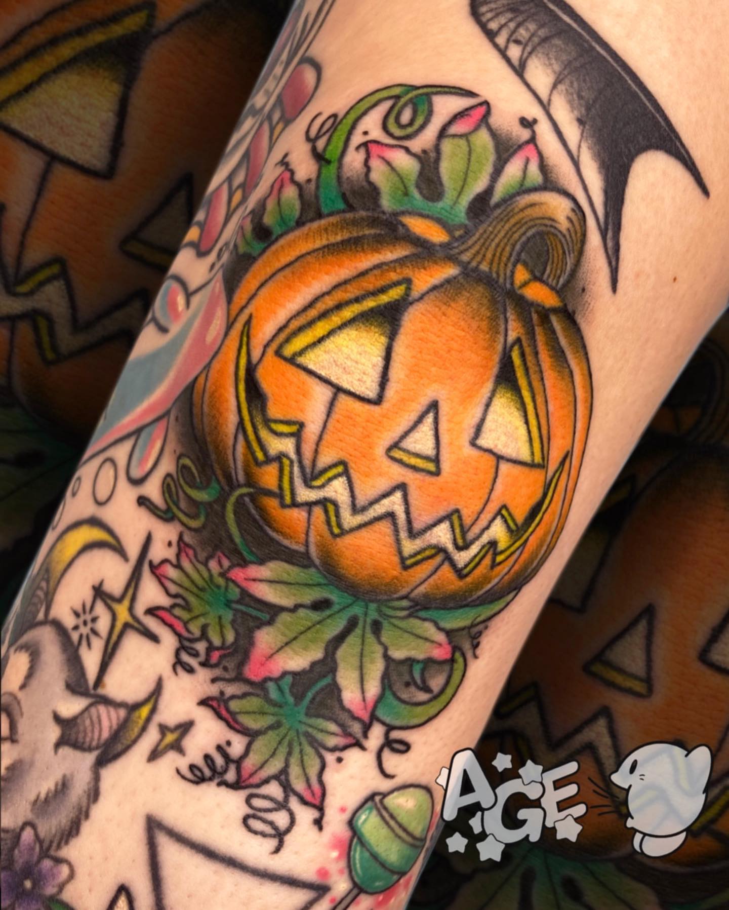 Jack-o'-lantern American traditional tattoo on the forearm by Otaku and Gamer Tattooer