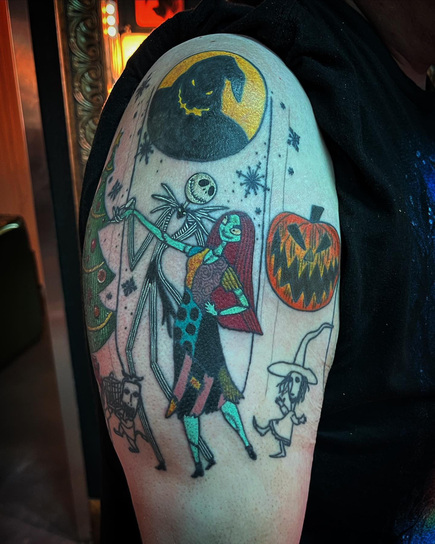 Nightmare Before Christmas characters dotwork tattoo on the forearm by alexandra