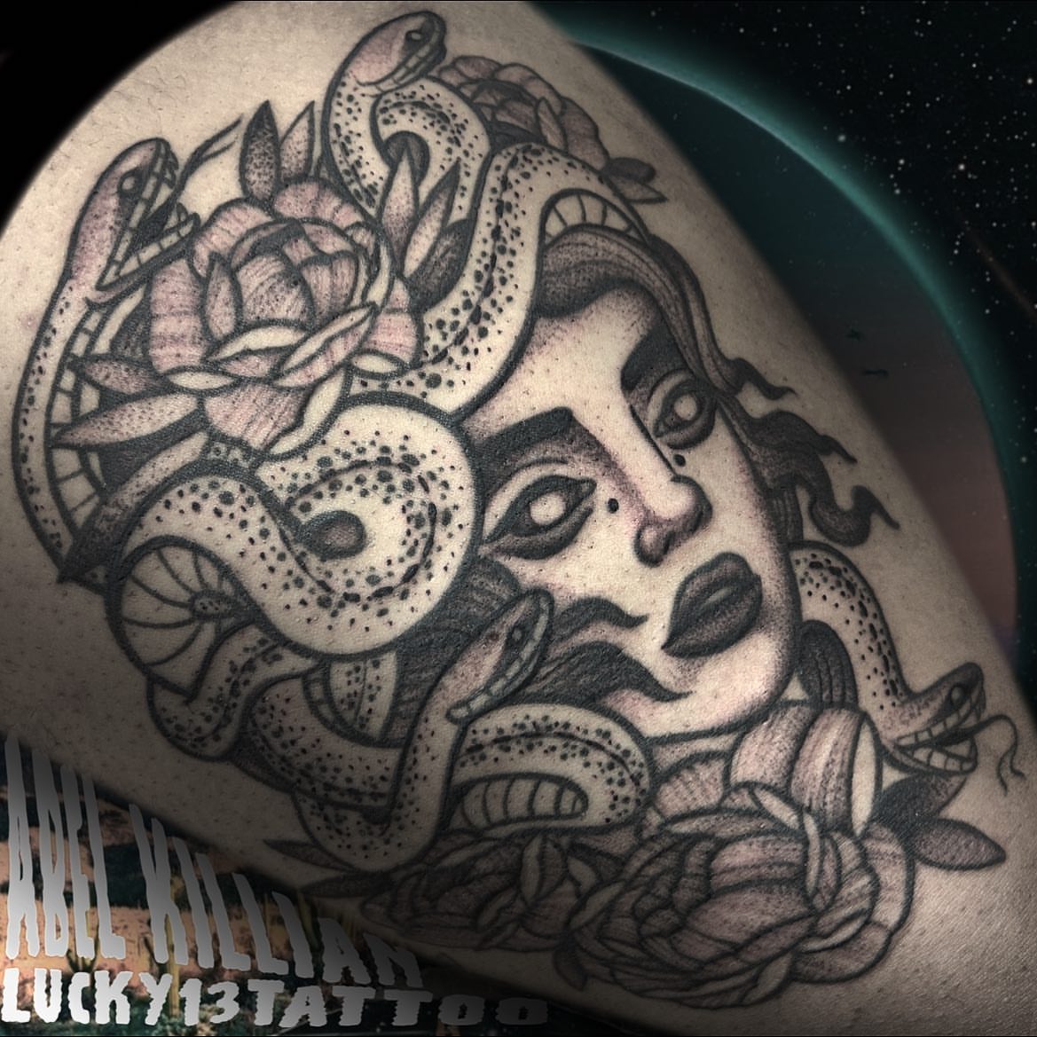 Medusa dotwork tattoo on the thigh by Abel, Richmond, Virginia
