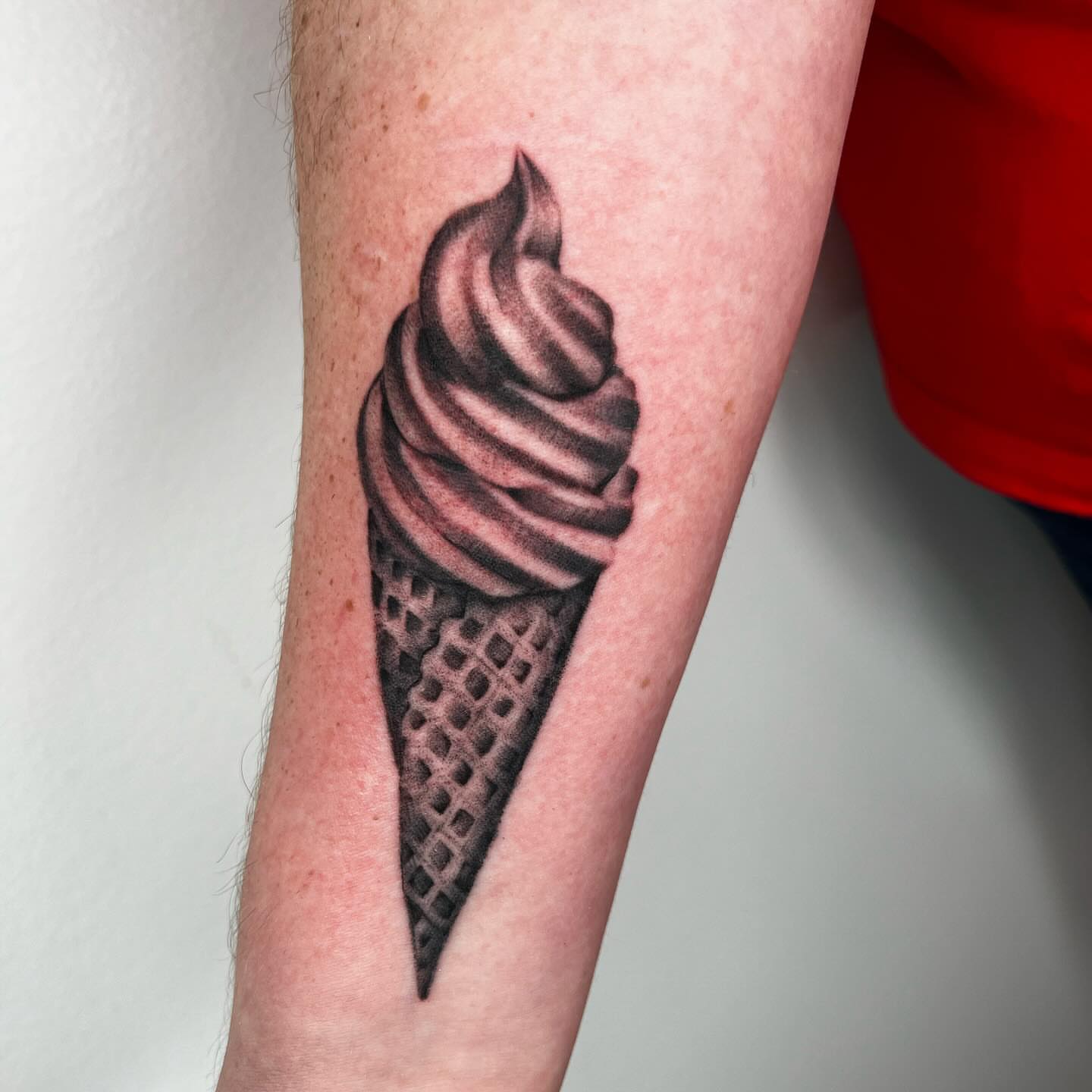 Ice cream cone black and grey tattoo on the forearm by ⊹ ࣪ ₊✩‧₊˚ 𝖘 𝖙 𝖊 𝖕 𝖍 𝖆 𝖓 𝖎 𝖊 ˚₊‧✩₊ ࣪ ⊹