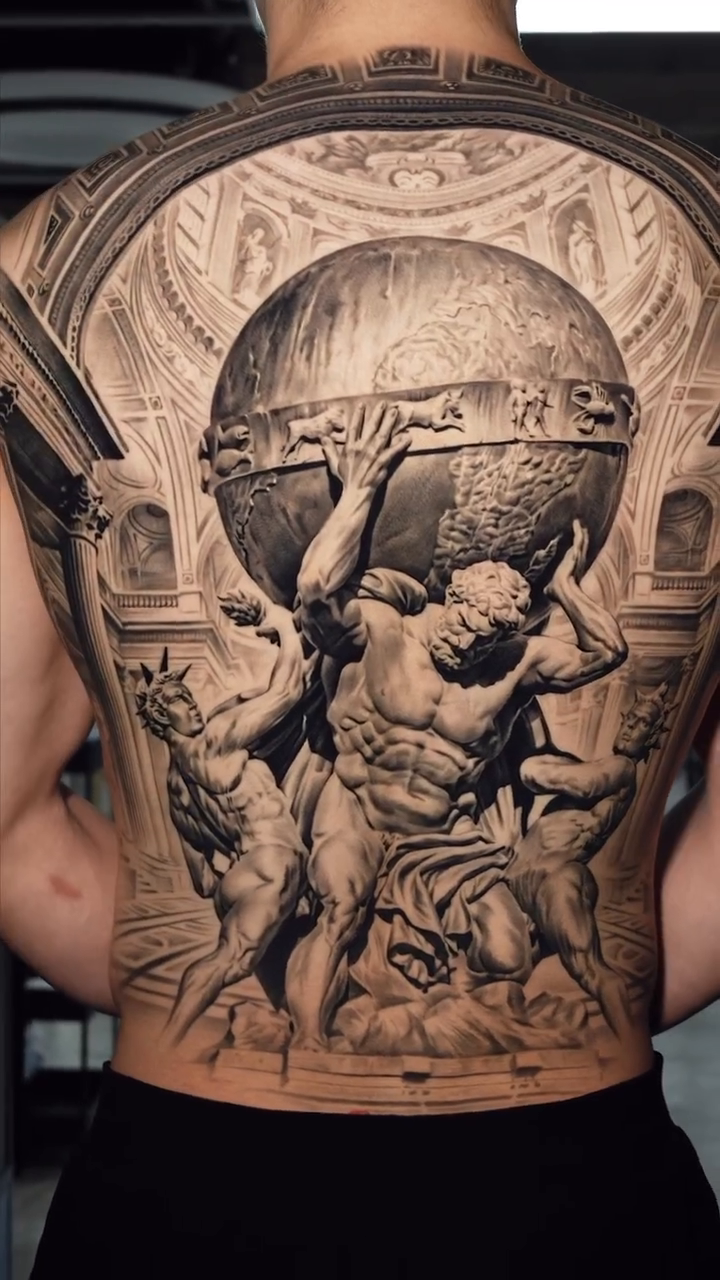 Atlas holding the celestial sphere realism tattoo by Gody