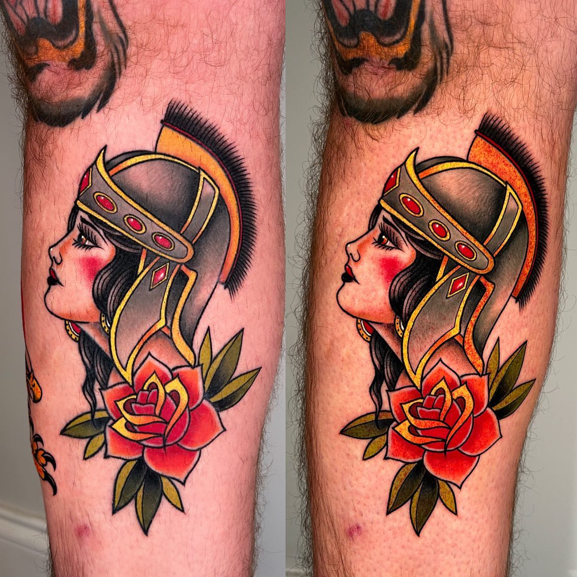 Woman with helmet and roses American traditional tattoo on the forearm by Lexi Kniskern