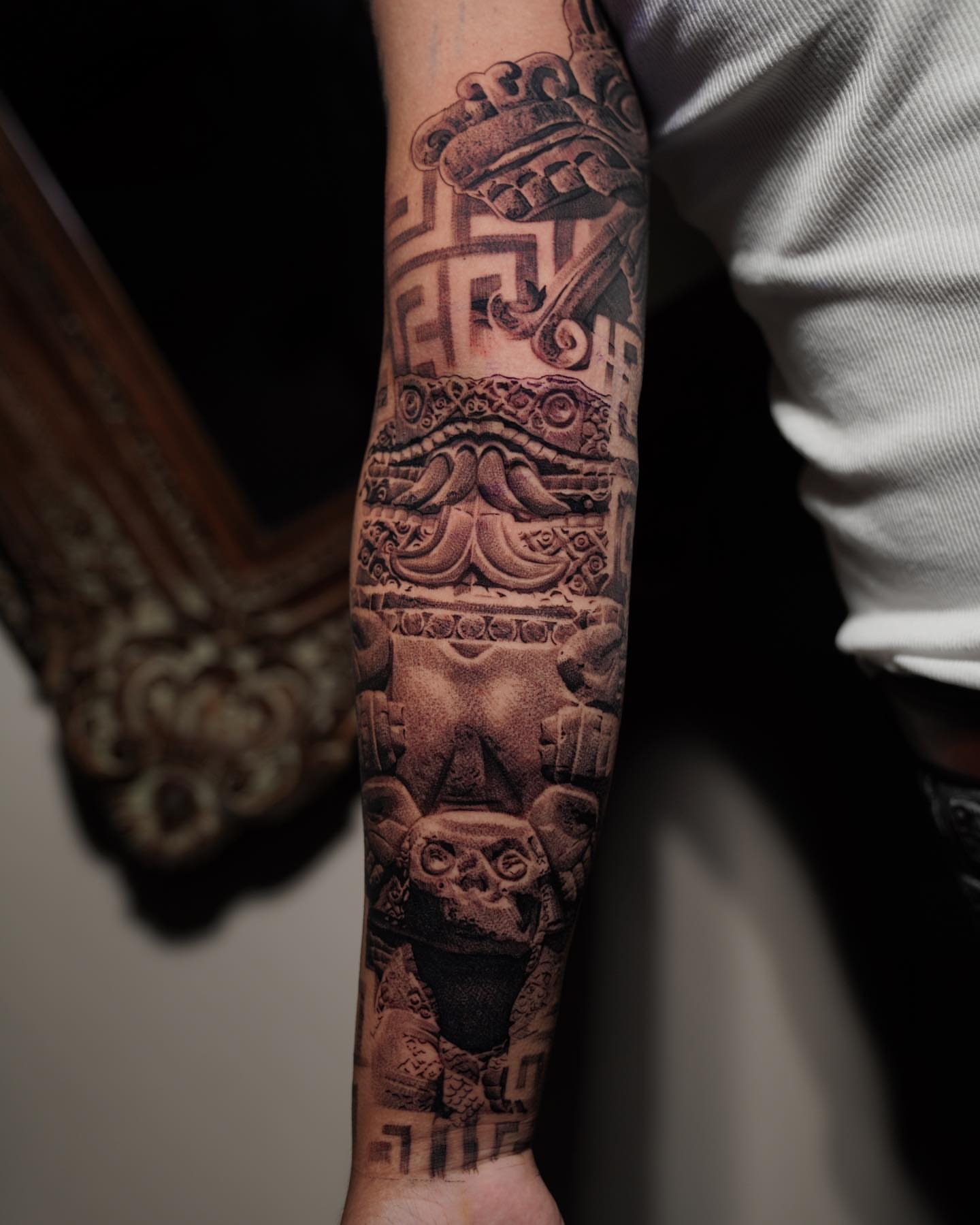 Ancient column realism tattoo on the forearm by Brian Hernandez