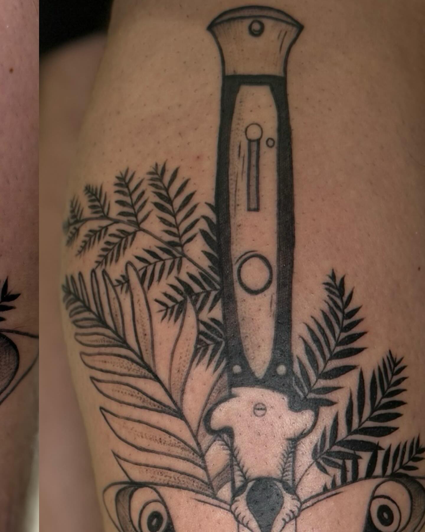 Knife and ferns black and grey tattoo on the forearm by Hailey K - Arizona Tattoo Artist, Miami, Florida