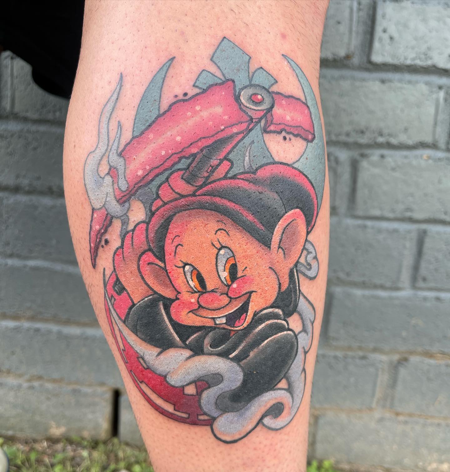 Peachy character American traditional tattoo on the thigh by Chris Sparks, I just go by Sparks.