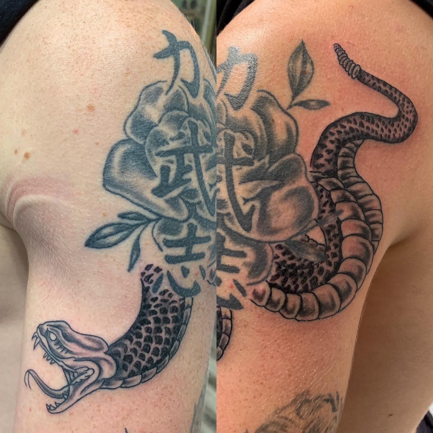 Snake and rose realism tattoo on the shoulder by @goat76