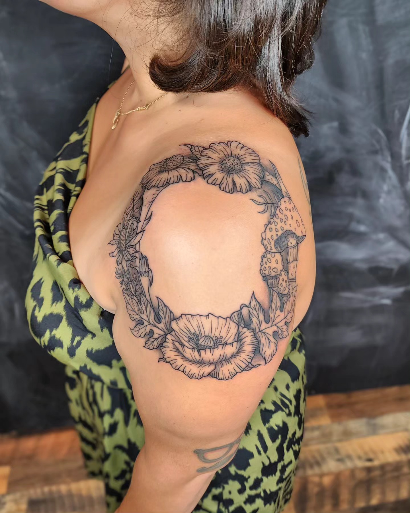 Floral wreath black and grey tattoo on the shoulder by Bry True
