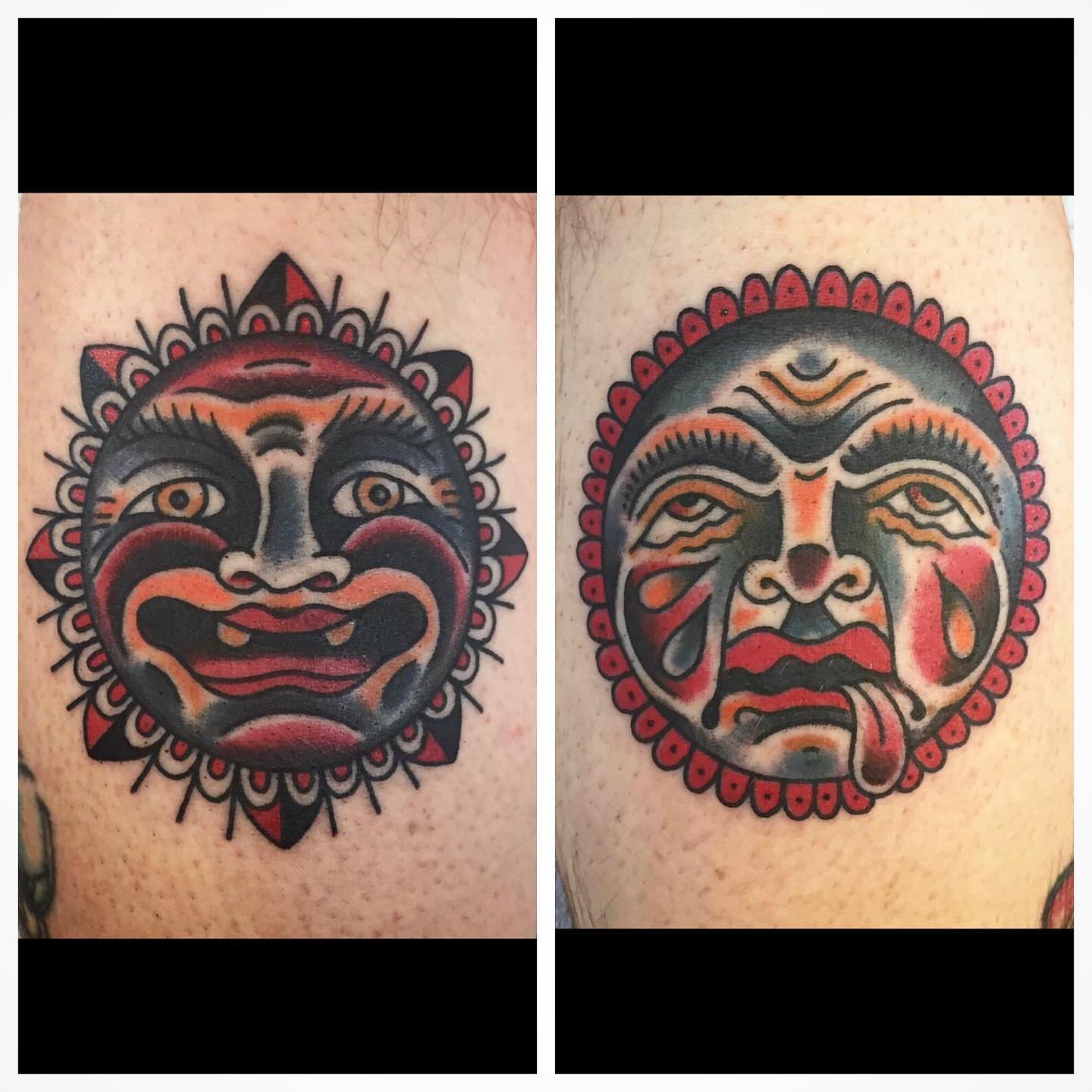 Mask American traditional tattoo on the shoulder by ✞ Keath Supsic ✞