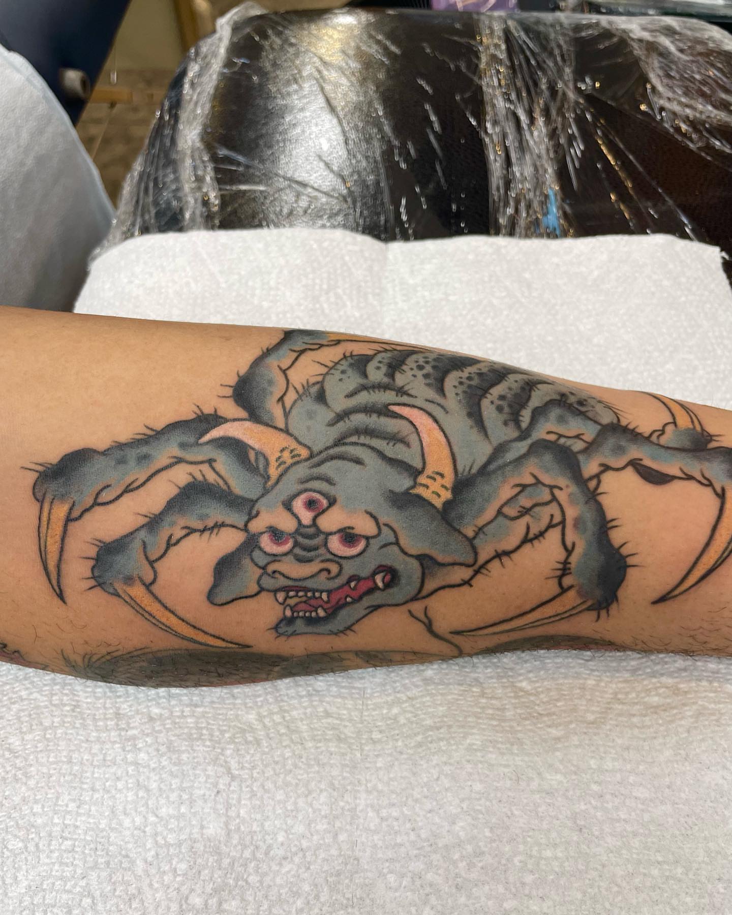 Spider American traditional tattoo on the forearm by Seth Griffin