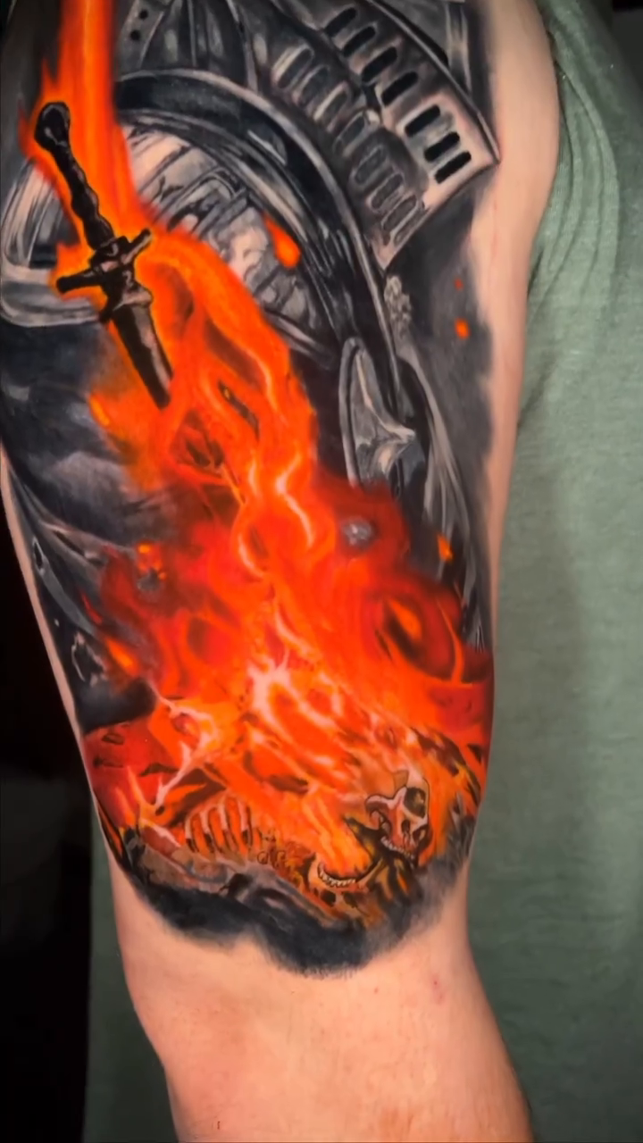 Bonfire and sword from Dark Souls realism tattoo by Albuquerque Tattoo Artist, Albuquerque, New Mexico