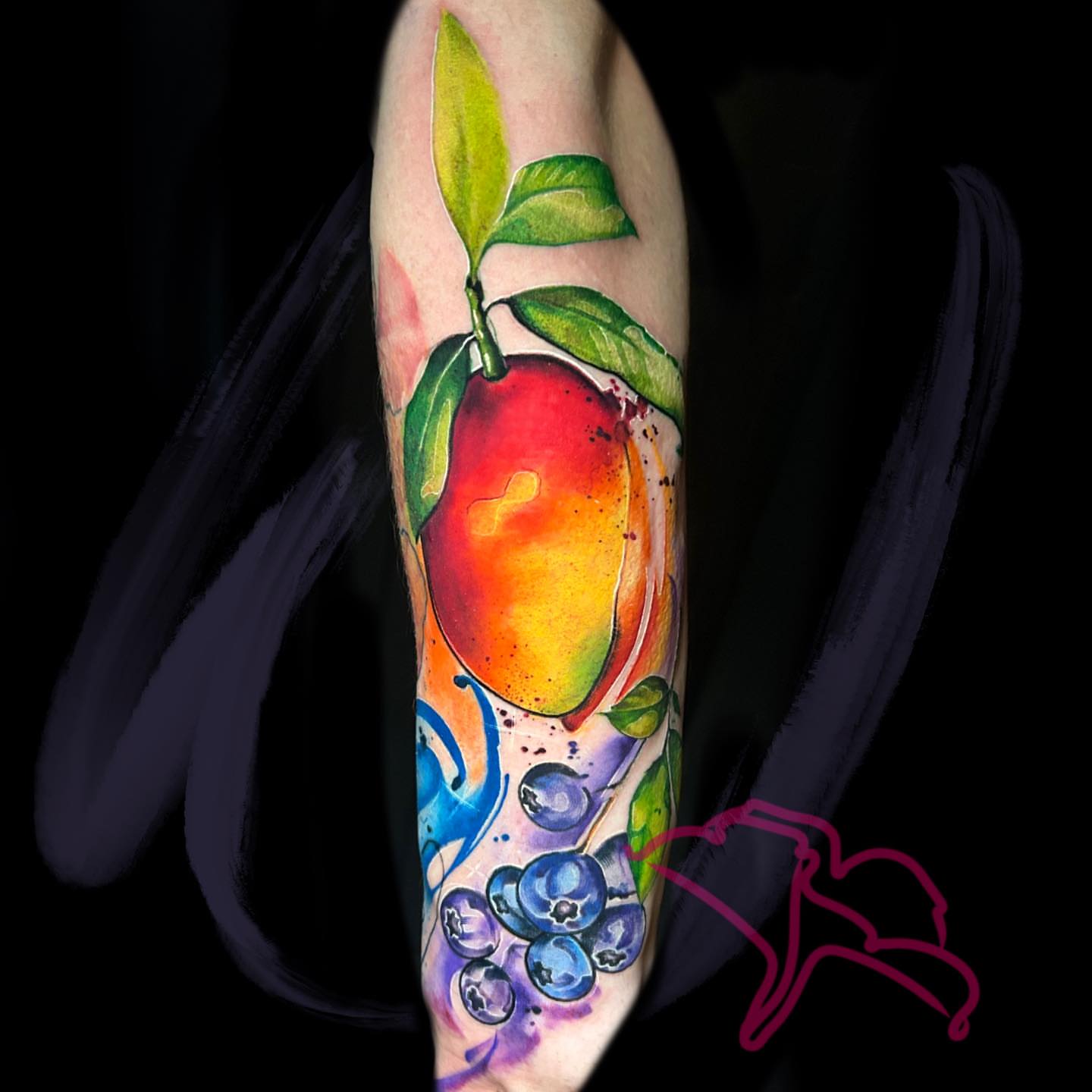 Fruit and berries watercolor tattoo on the forearm by Aline Petunia, Los Angeles, California