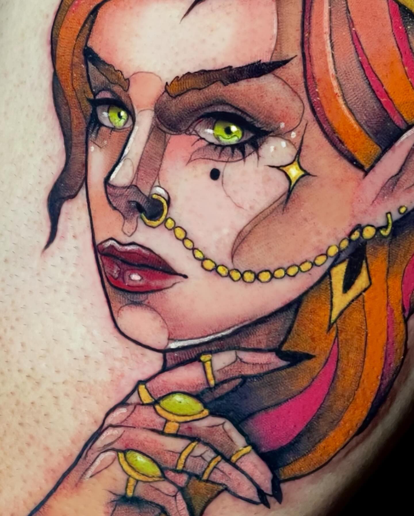 Elf-like character new school tattoo on the chest by 𝖟𝖊𝖓𝖋𝖚𝖑𝖑