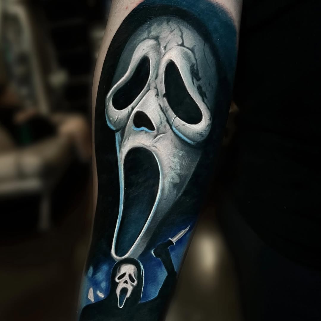 Ghostface mask from Scream realism tattoo on the forearm by Alex Moro