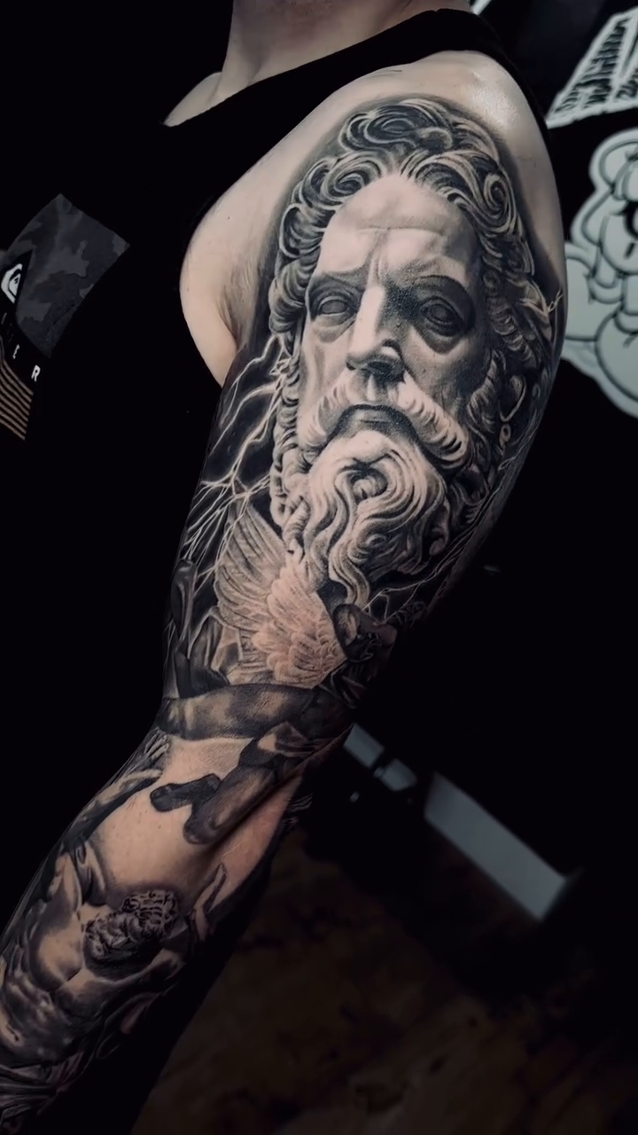 Greek mythology sleeve realism tattoo by DH Tattooing