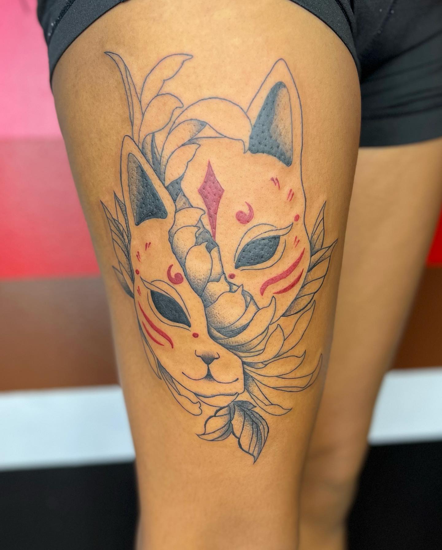 Cat mask dotwork tattoo on the thigh by ✨BADJASS the tattoo artist✨