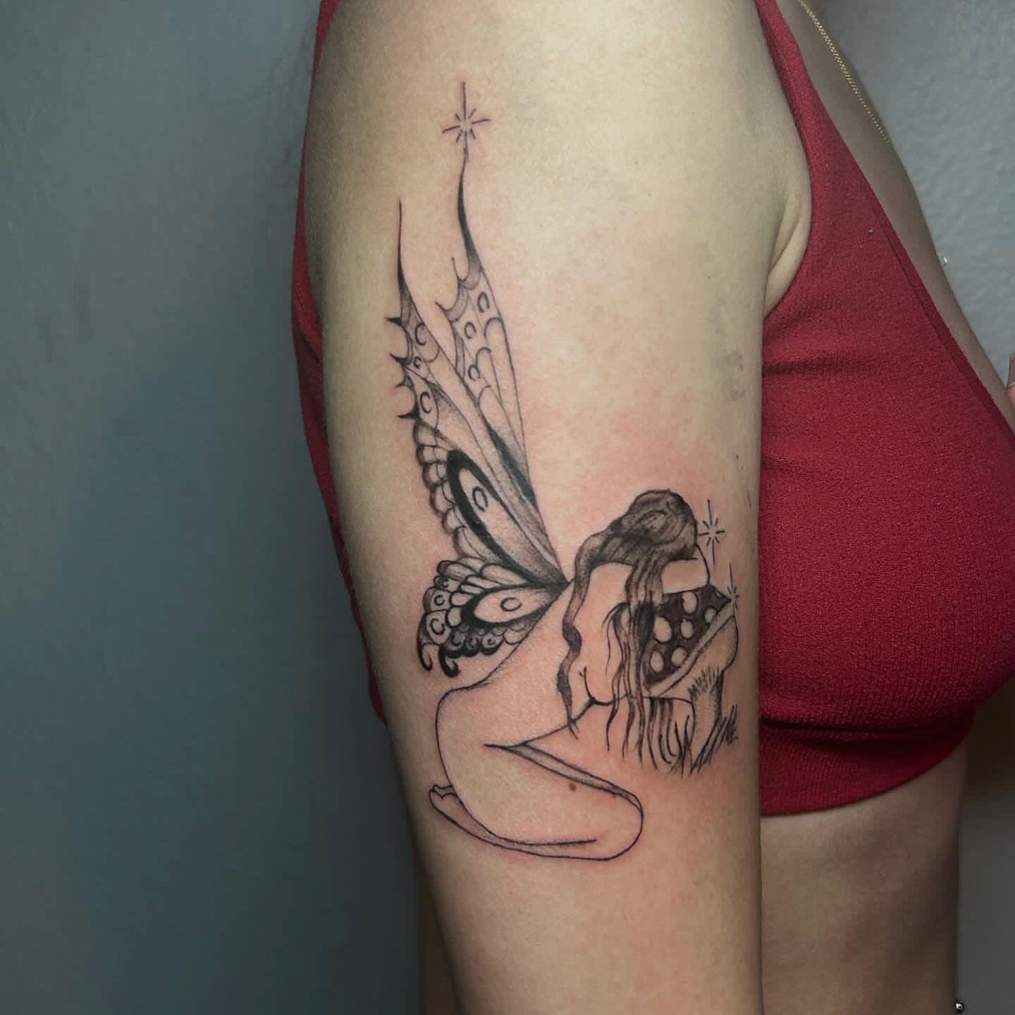 Fairy black and grey tattoo on the thigh by josselyn ☪︎