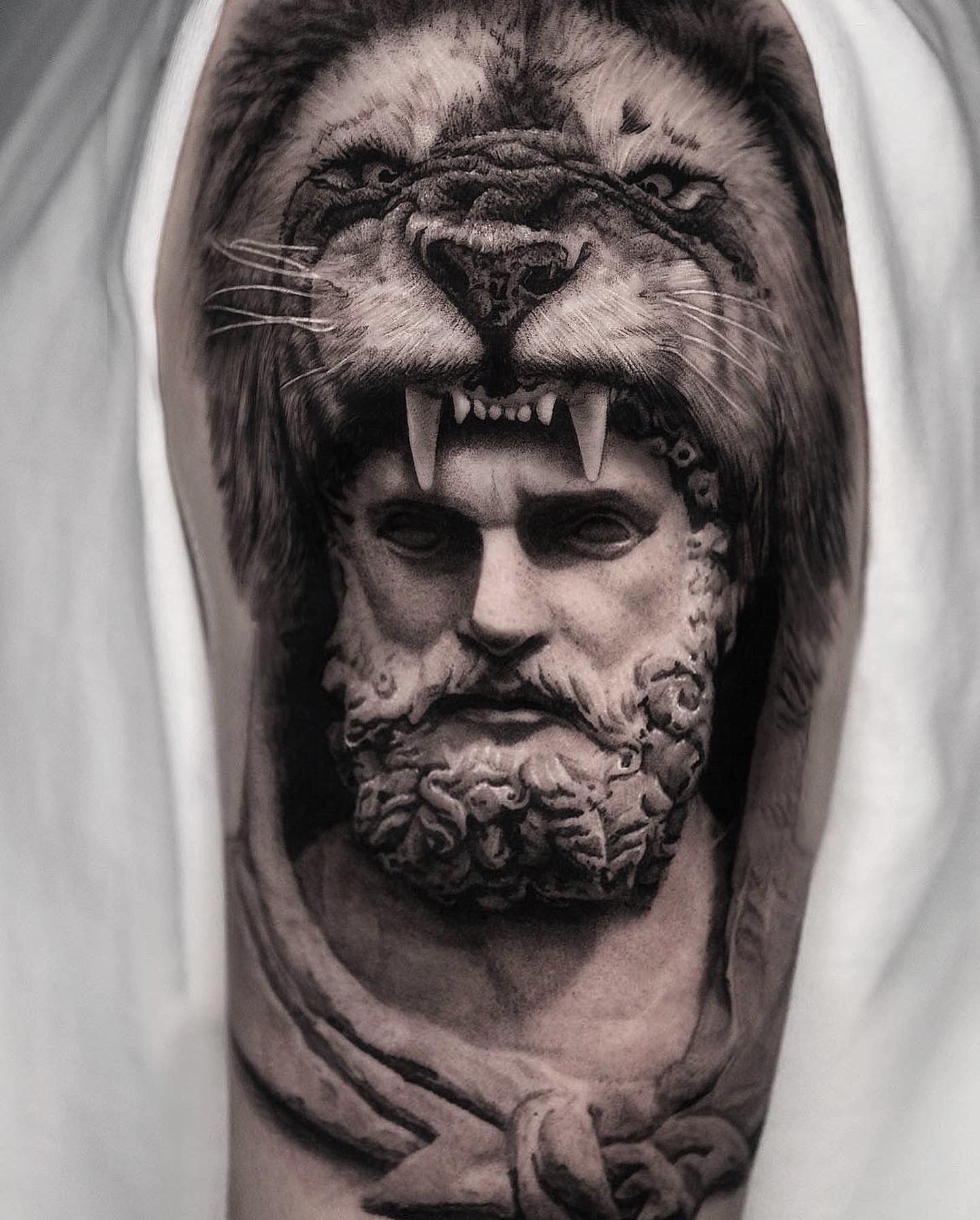 Lion and man realism tattoo on the forearm by Dopamine