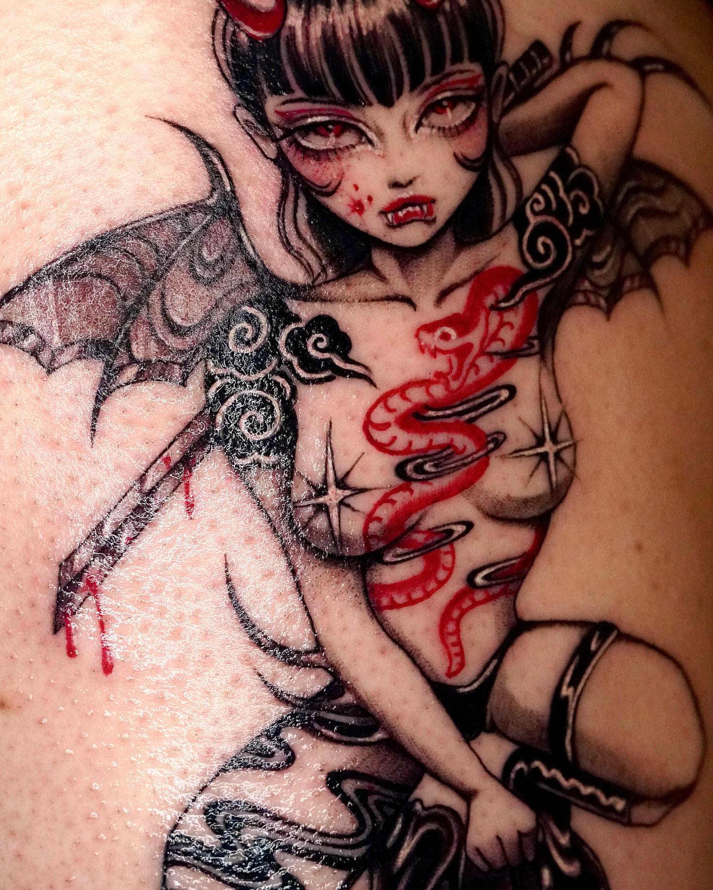Bat girl anime tattoo on the shoulder by 吳盈慧, Los Angeles, California