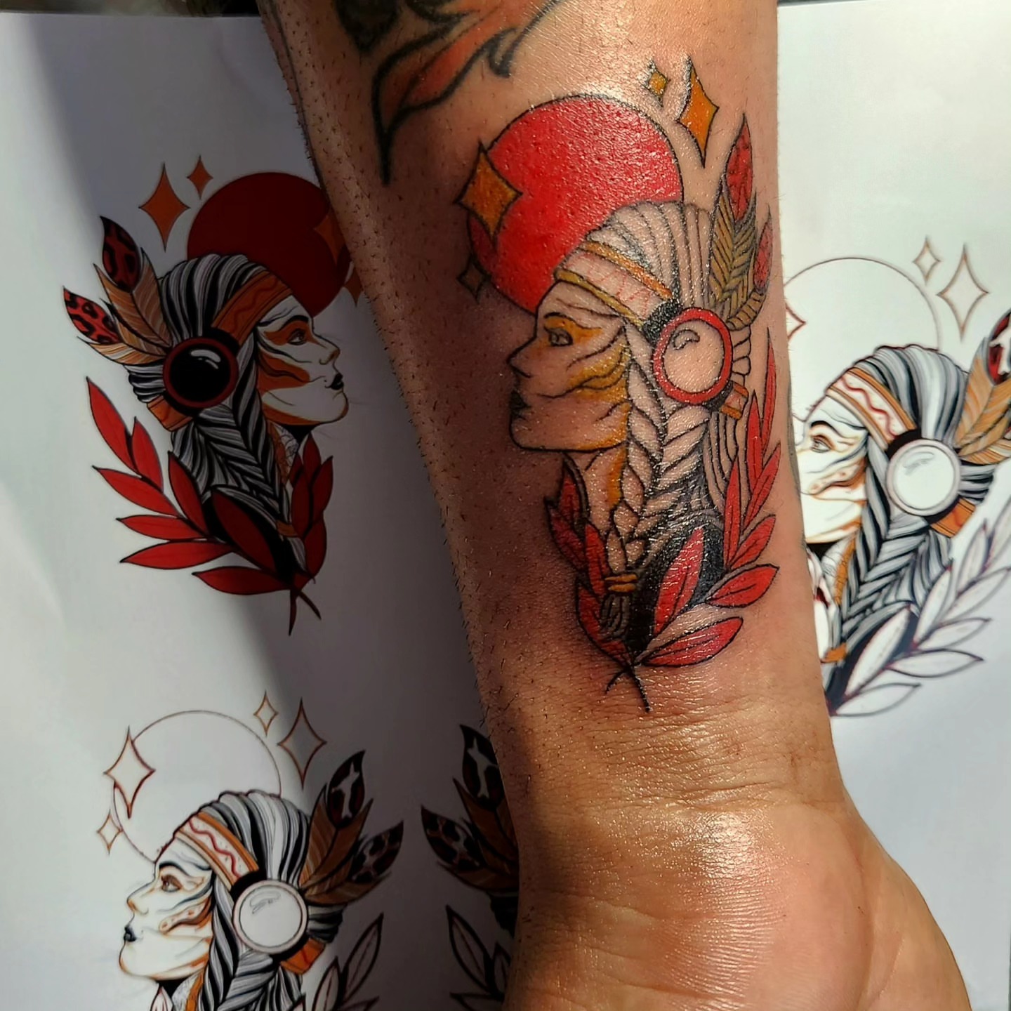 Indian woman American traditional tattoo on the forearm by Sonia