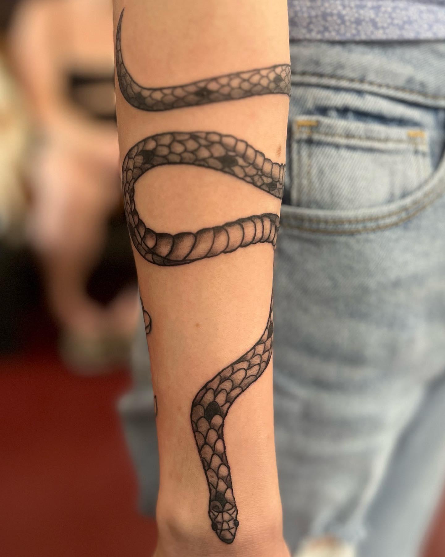 Snake black and grey tattoo on the forearm by IdleHandsFlex, New Orleans, Louisiana