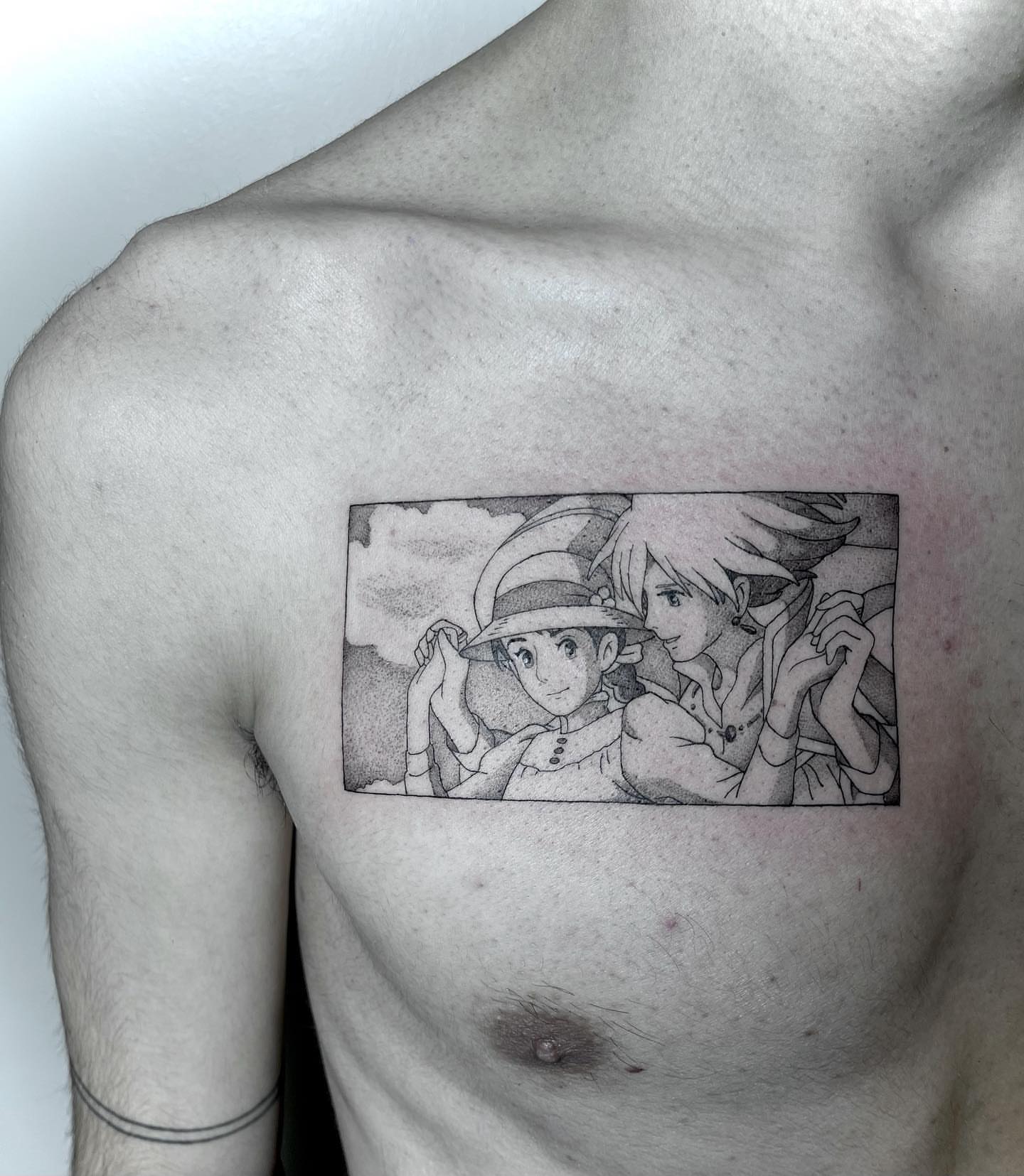 Anime characters dotwork tattoo on the chest by Kelsi Steffensen