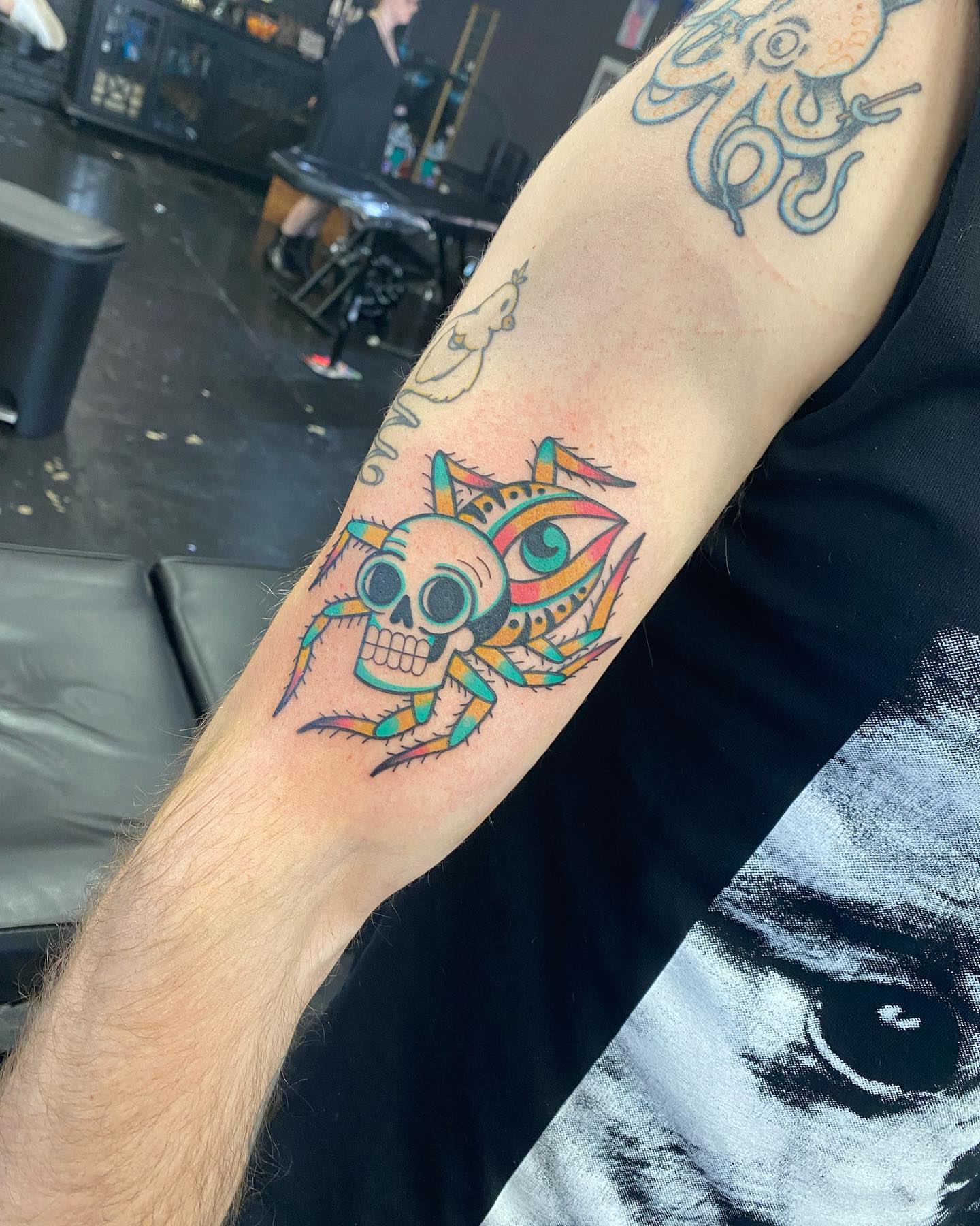 Skull and spider American traditional tattoo on the forearm by S C O T T