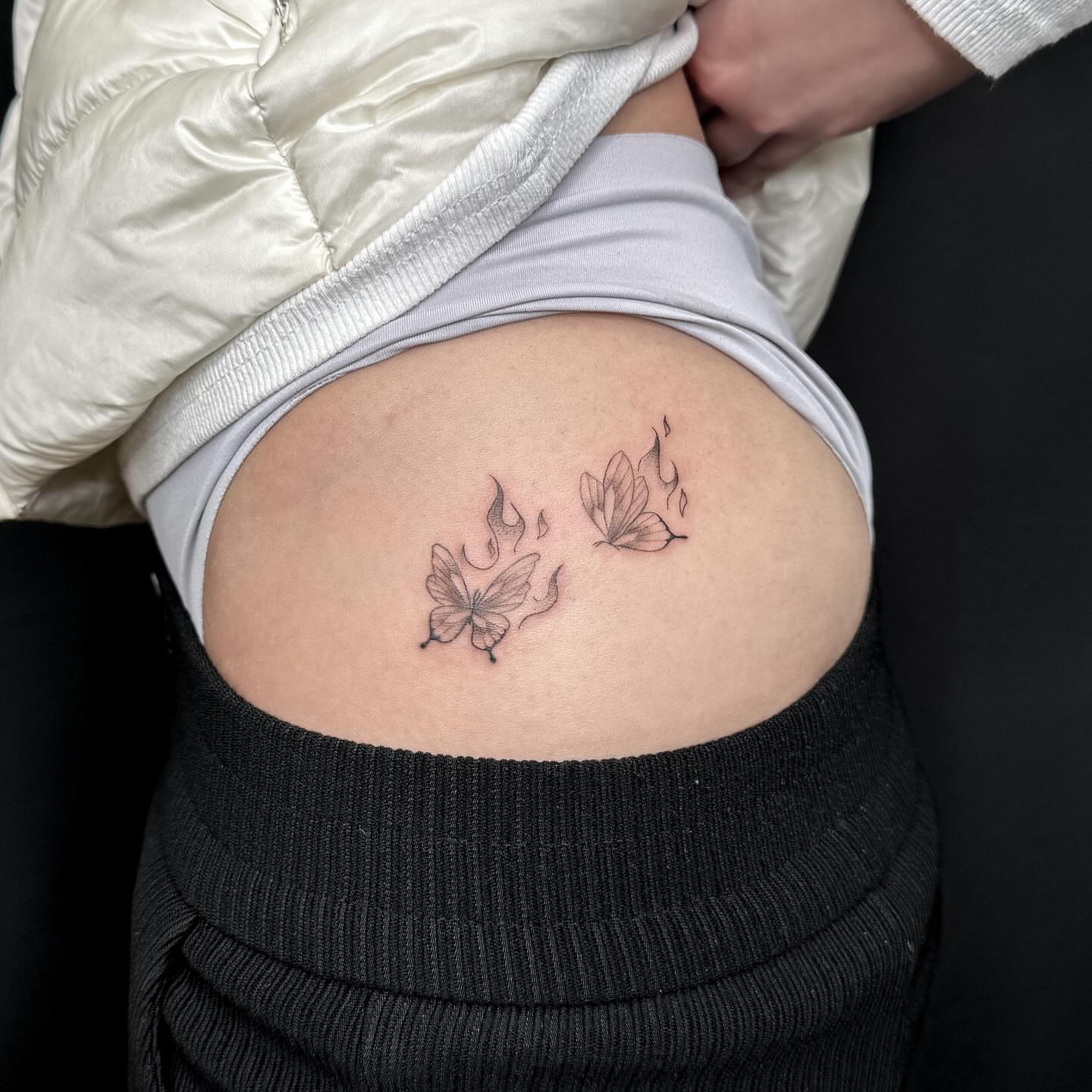 Butterflies black and grey tattoo on the ribs by INK by CEE