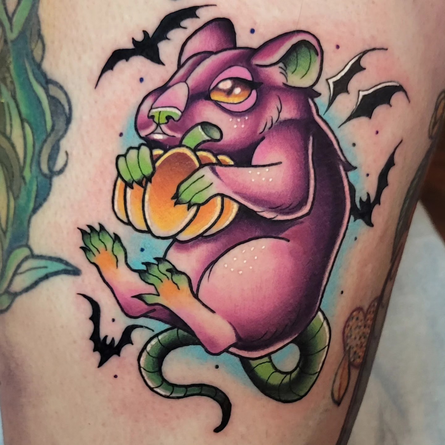 Purple rat American traditional tattoo on the forearm by @lovelornpotato