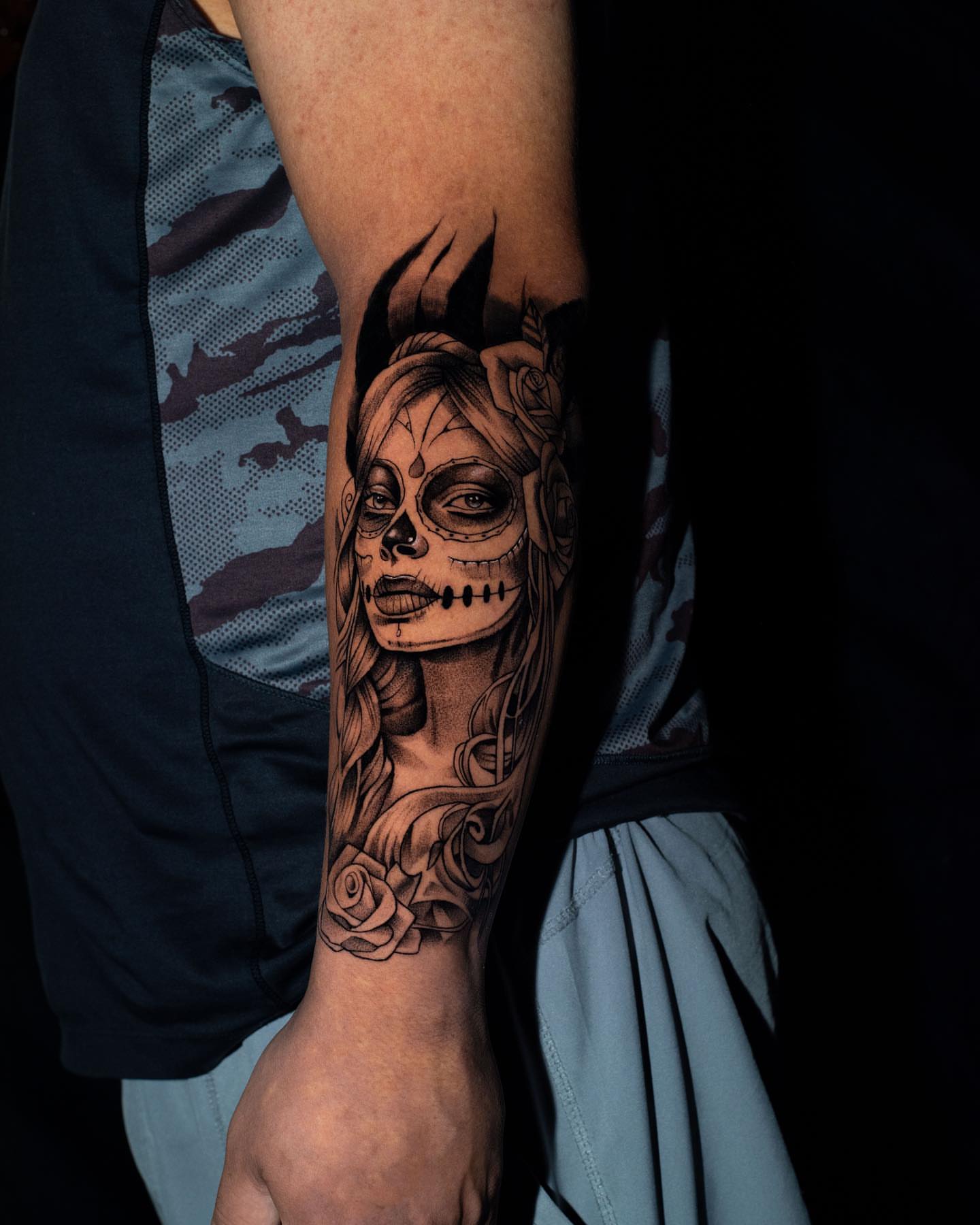 Sugar skull woman realism tattoo on the forearm by Javier Ramos