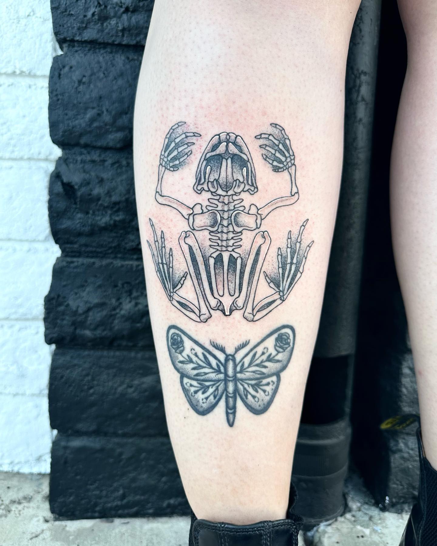 Skeleton and butterfly dotwork tattoo on the thigh by Sierra Hiddleson- Phoenix Arizona Tattoo