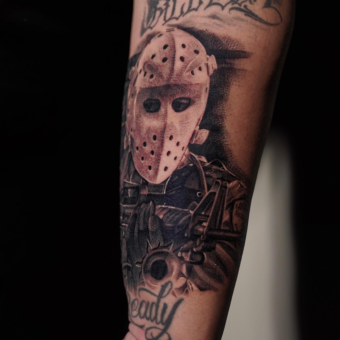 Jason voorhees realism tattoo on the forearm by Brian Hernandez