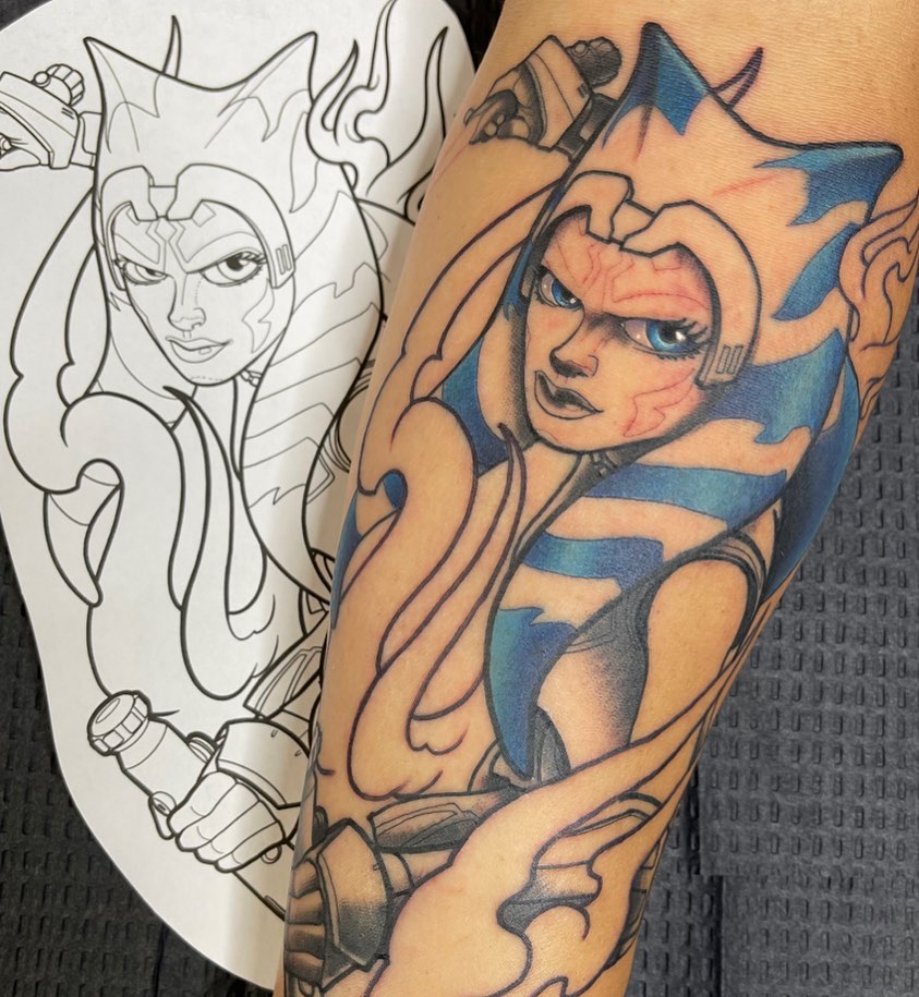 Ahsoka Tano anime tattoo on the thigh by Chris Sparks, I just go by Sparks.