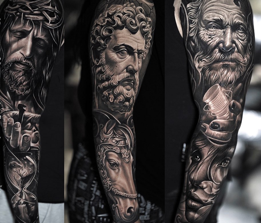 Religious figures and classical busts sleeve surrealism tattoo on the forearm by π¨π»βπ¨Ever luis Rivero π¨π»βπ¨